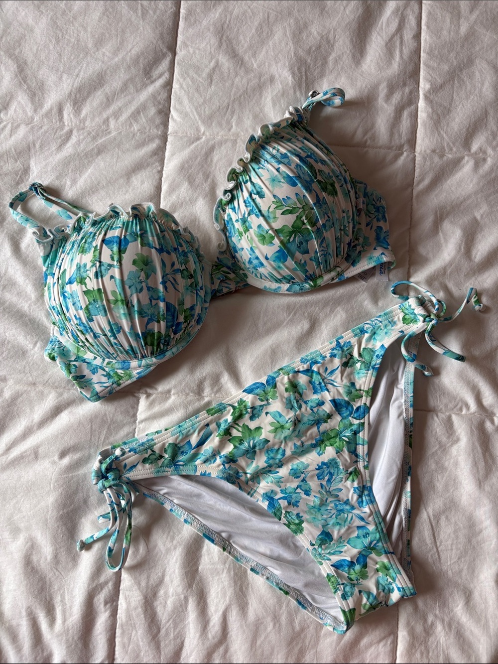 La Vie En Rose Floral Blue-Green Bikini Set - Push-Up Top & Tie-Side Bottoms